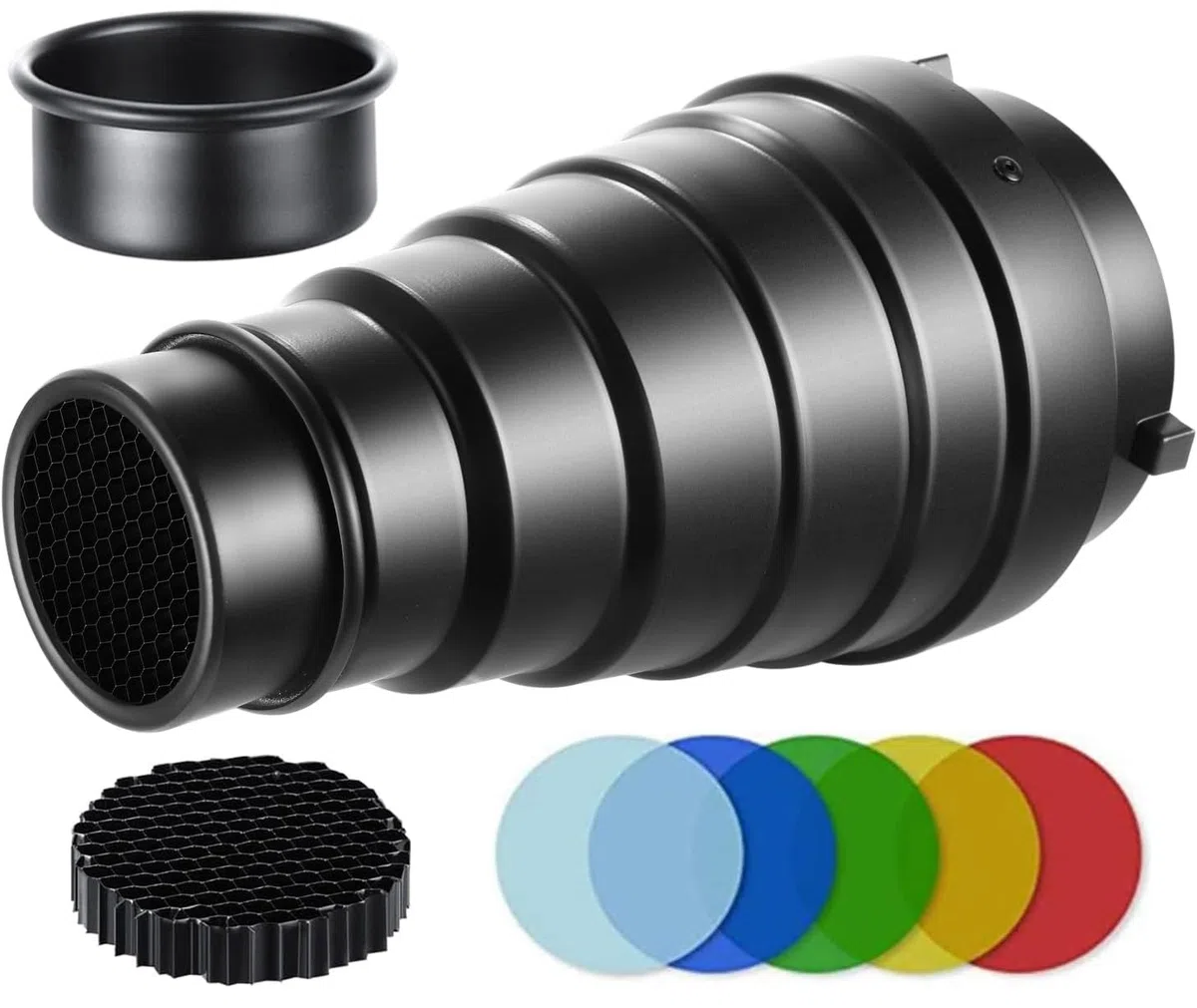 Metal cónico Snoot con rejilla de nido de abeja 5pcs Kit de filtro de color para Bowens Mount Studio estroboscópico Monolight Fotografía Flash