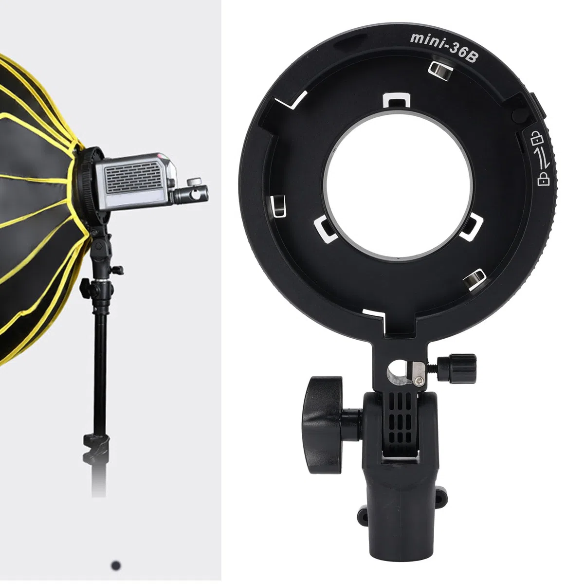Soporte de Adaptador de Montaje de Bowens, Mini a Anillo de Adaptador de Montaje de Bowens Estándar con Enchufe Paraguas, 180 Inclinación, para Luces LED, Softboxes, Paraguas