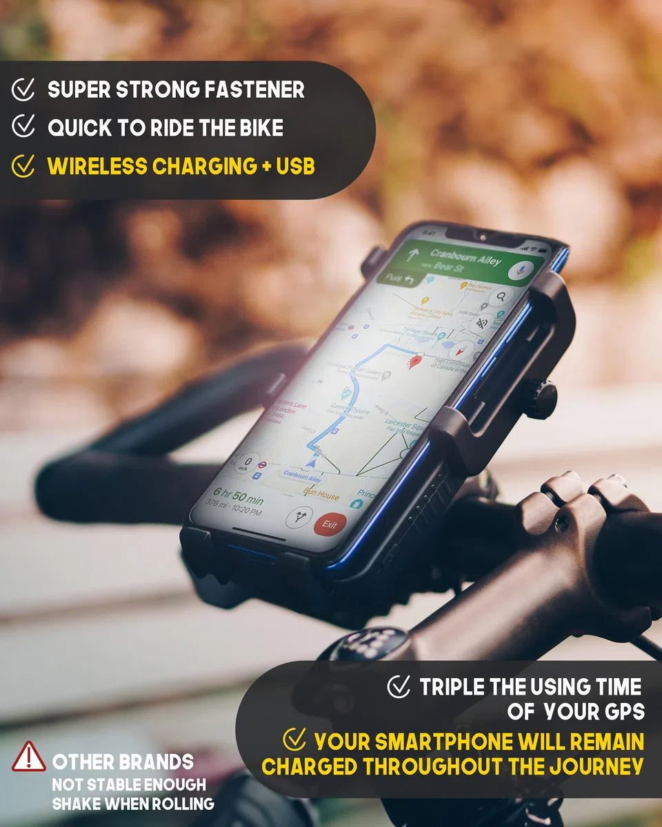 Sunslice Soporte Movil Bicicleta:, Soporte móvil Moto, Soporte móvil con Power Bank Integrado, Soporte telefono Bicicleta Compatible para iPhone, Samsung, inalámbrico, Carga móvil sin Cable