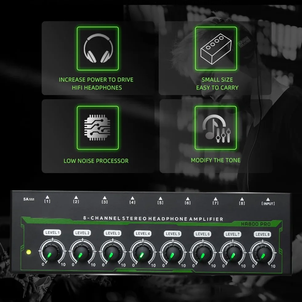 Amplificador de Auriculares HA800 Pro de 8 Canales, Amplificador Estéreo RGB, Microamplificador para Mezclador de Música, Amplificador de Sonido para Grabación (UE)