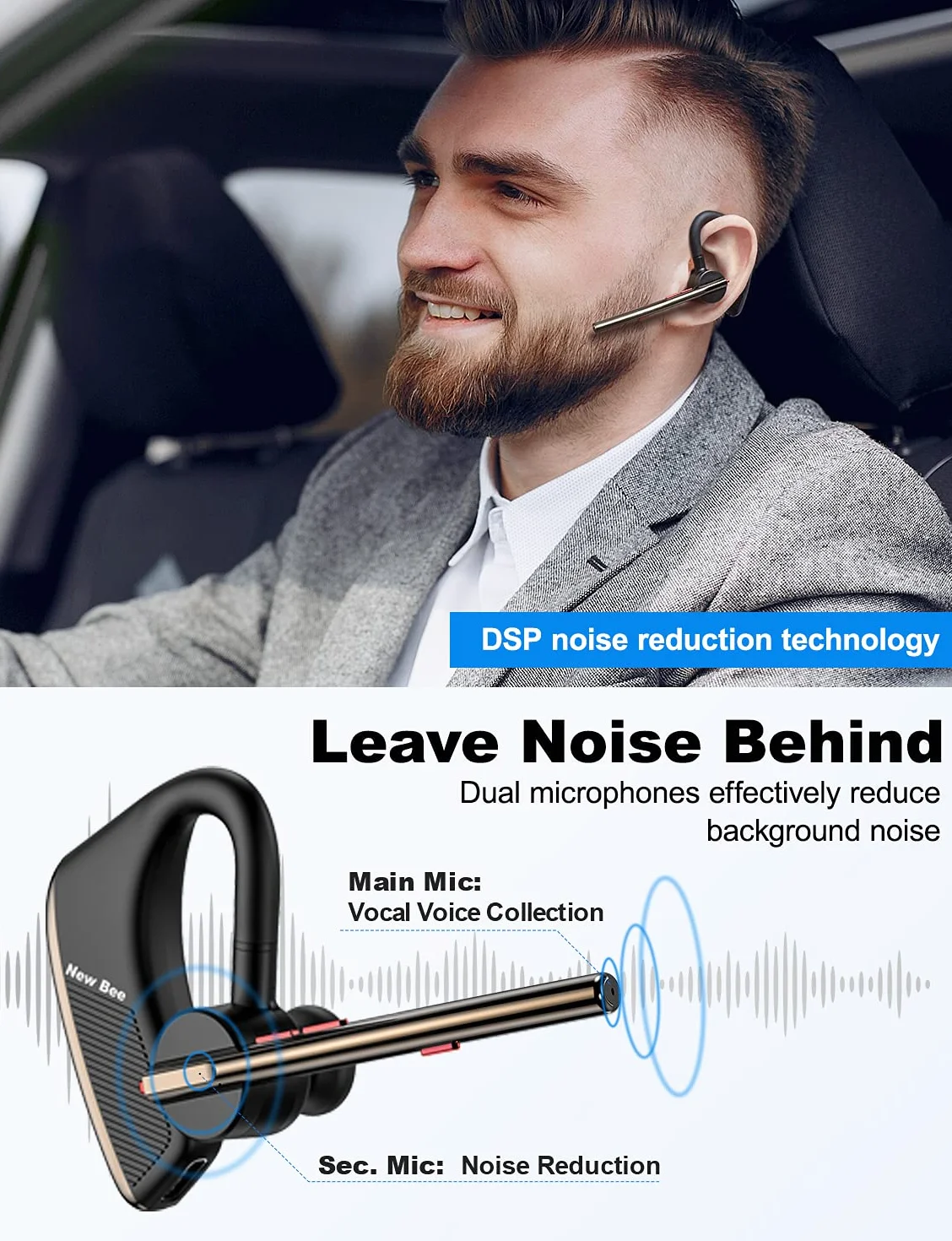 New Bee Manos Libres Bluetooth Auricular Inalámbrico Pinganillo Bluetooth Movil V5.2 Peso Ligero 16g con 24 Horas de Conversación para iPhone, Samsung, Huawei, Xiaomi, HTC, LG, Sony, PC