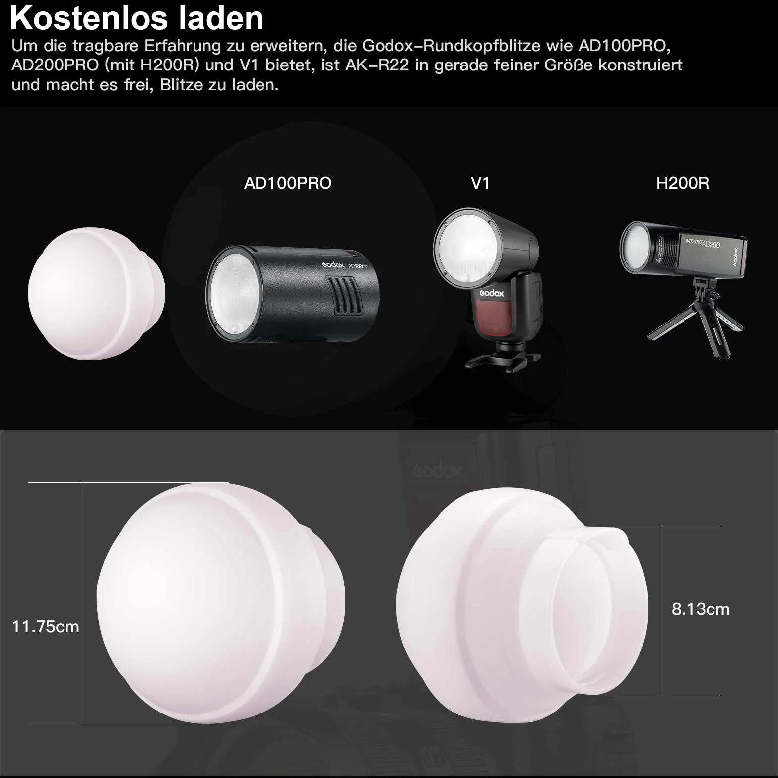 Godox AK-R22 Diffusion Dome,Klappbarer Lichtformer aus Silikonmaterial,für Rundkopfblitze Godox AD100PRO,AD200PRO (mit H200R),Diffusionskuppel für V1 Kamerablitzserie