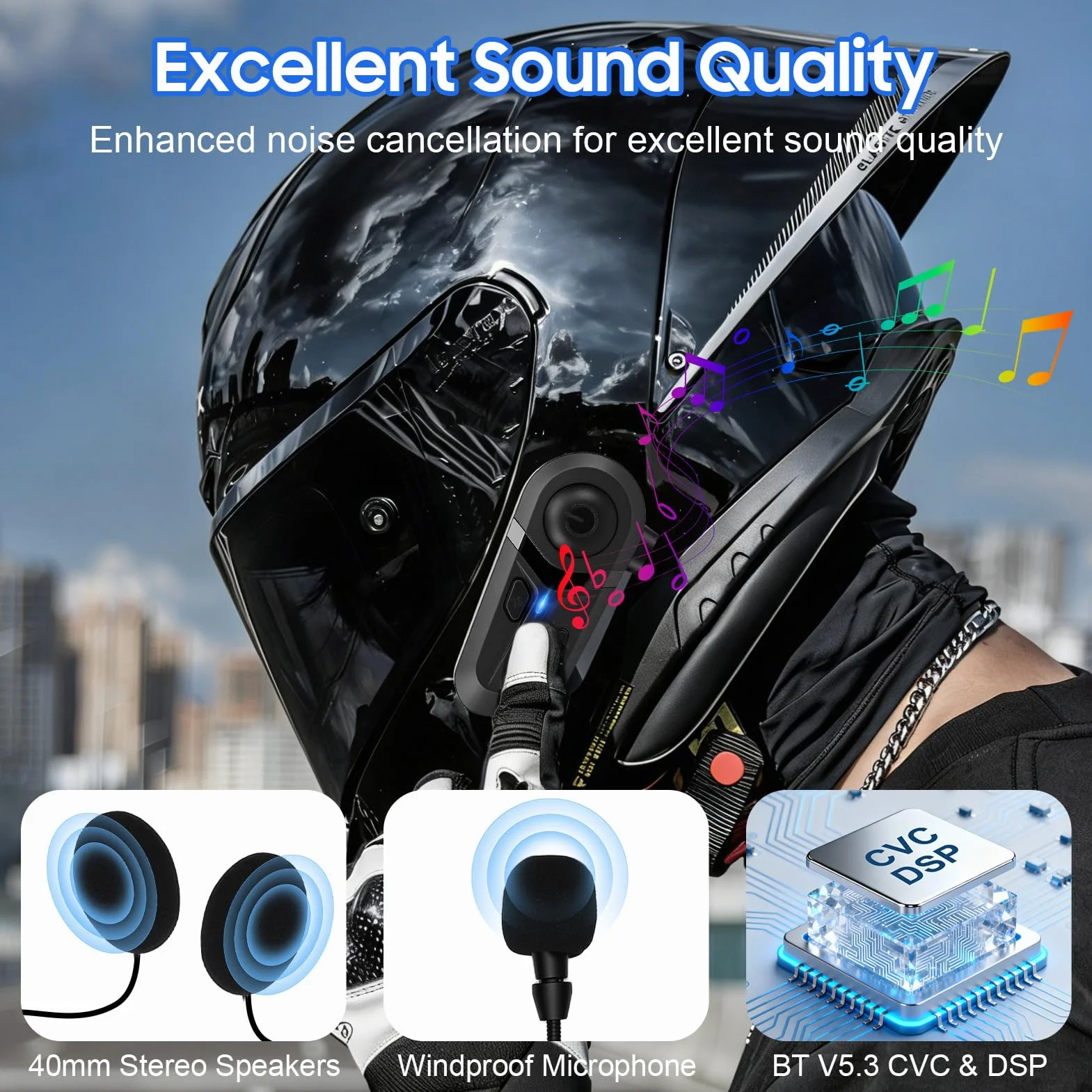 Yosoo Health Gear Intercomunicador de Motocicleta Casco Auricular Bluetooth con Cancelación de Ruido, Auriculares con Asistente de Voz, Respuesta Automática, Llamada, Control de Música, GPS