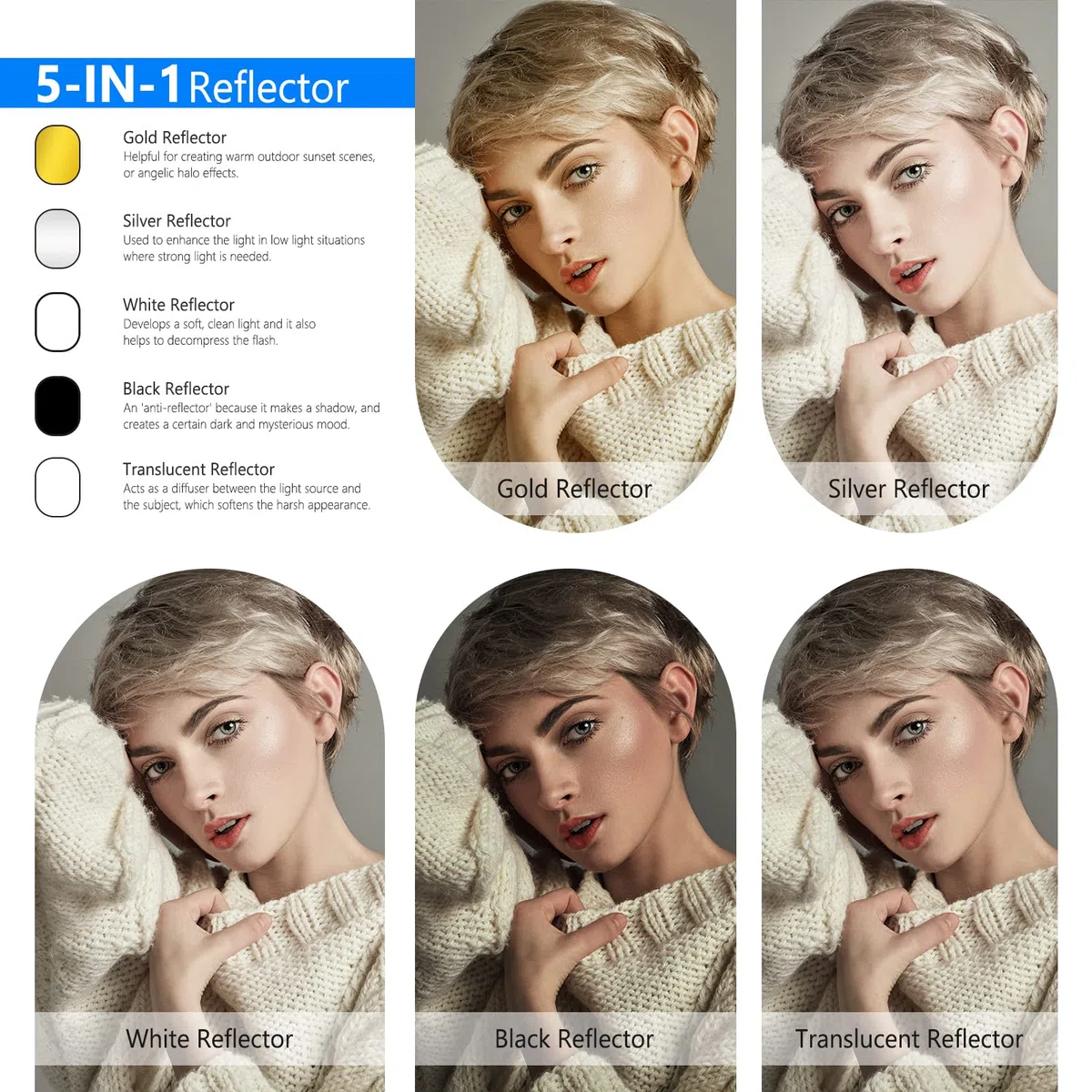 Neewer® Reflector de luz Ovalado 5 en 1, 120 x 180 cm, Plegable, Profesional, con Superficie translúcida, Plata, Negro, Oro, Blanco