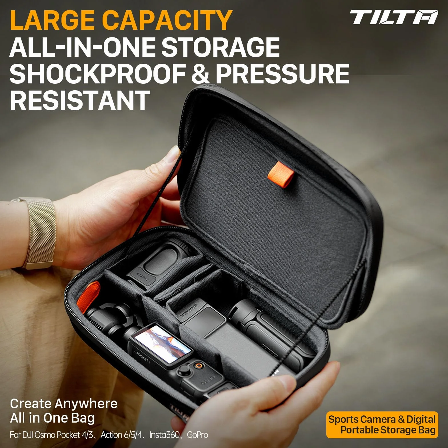 Tilta Pocket 4/3 Case, Bolsa rígida portátil Compatible con dji Osmo Pocket 4, Resistente al Agua, Correa elástica, con 3 divisores, Compatible con la mayoría de Las cámaras de acción TA-ACCC-B
