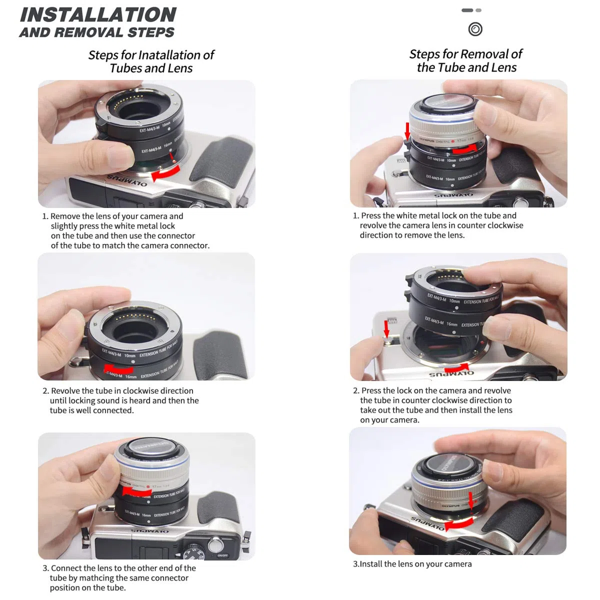 EXT-M3/4-M 10mm 16mm Sistema automático extensión Tubo para Olympus Micro 4/3 cámara