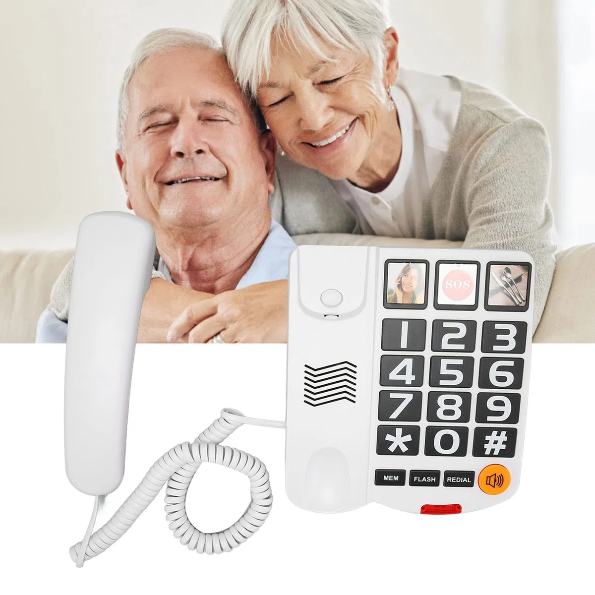 Teléfono con Botón Grande para Obsequios para Personas Mayores, Teléfono Fijo con Cable con Botón SOS, Tonos de Llamada con Altavoz Alto, Marcación Rápida con un Solo Toque, (Blanco)