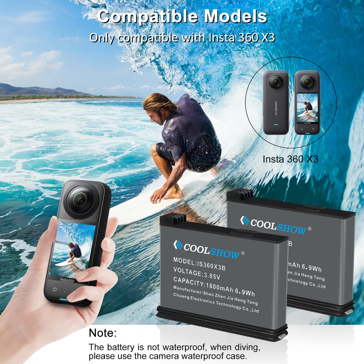 COOLSHOW Cámara de Acción X3 Batería de Repuesto 1800mAh 2 Packs y Cargador Triple X3 Compatible con Cámara X3 (Reemplaza para Batería X3)