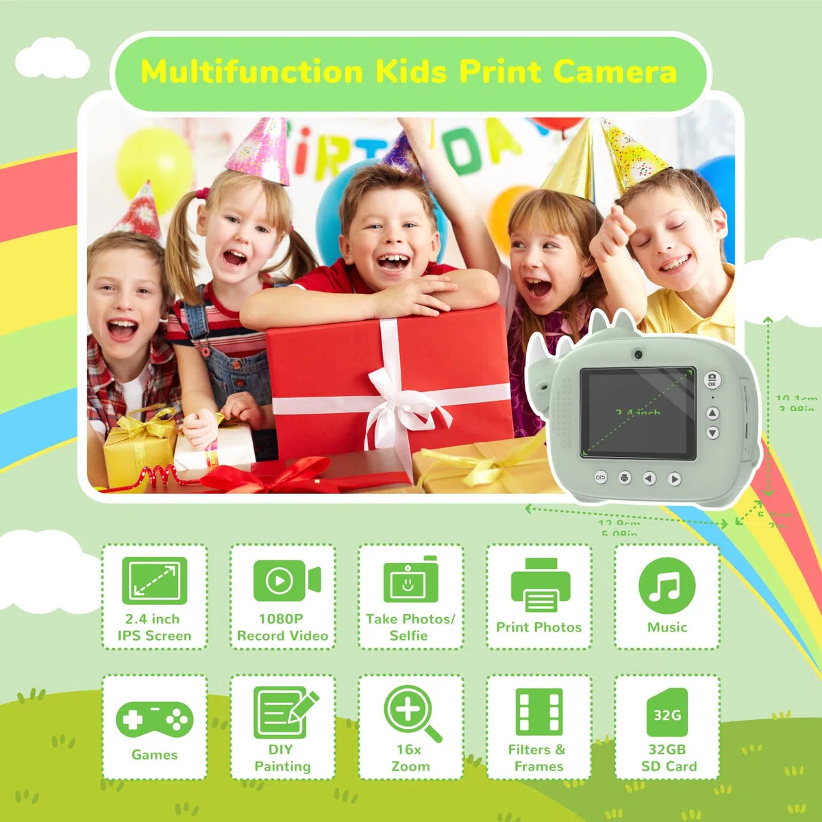 CAMCLID Camara Fotos Infantil Instantanea, Cámara de Fotos Instantáneas para Niños con Tarjeta de 32G y Accesorios de Cámaras, 12MP/1080P HD Cámara Digital, Regalos para Niños y Niñas (Verde)