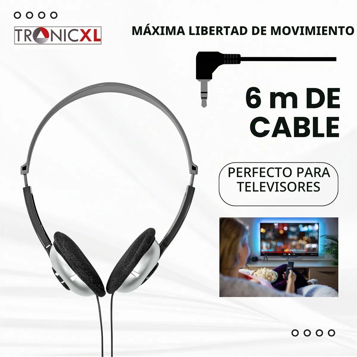 TronicXL Auriculares estéreo de Diadema con Conector Jack para televisión con Cable de 6m Largo compatibles con televisores Samsung LG Sony Toshiba DYON JVC Philips iPad y iMac de Apple Ordenadores