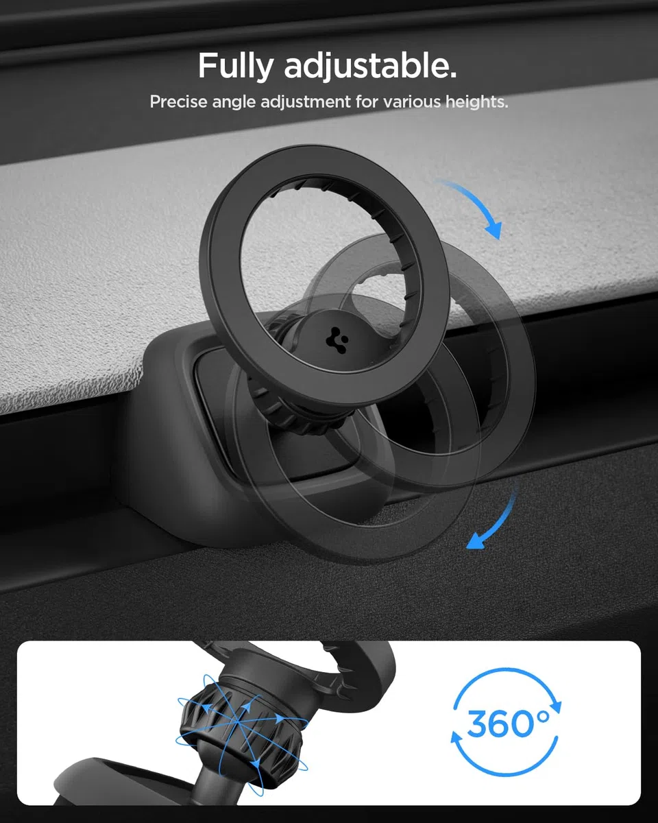 Spigen Tesla Model Y Juniper 2025~ & Model 3 Highland 2024~ (Solo Standard & Premium, NO Compatible con Performance) Soporte Movil Coche MagSafe, Accesorios Tesla Compatible con iPhone 17 17e 16 15 13