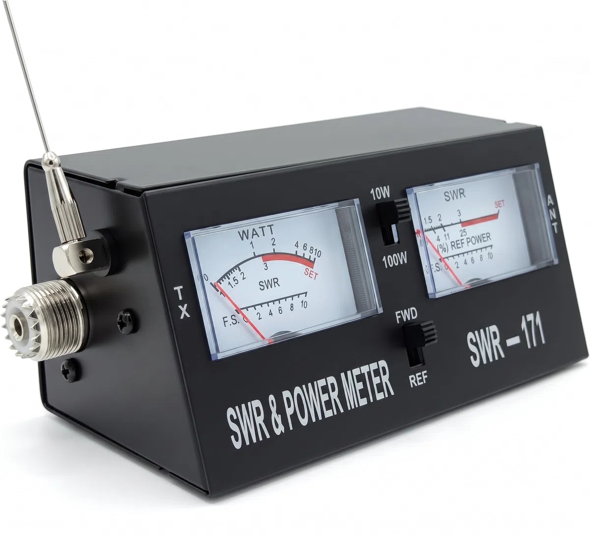 SWR-171 Medidor Roe y Vatímetro VHF y CB para Radioaficionados | Rango de frecuencia de 1,5 a 150 MHz (CB y VHF) con escalas de potencia seleccionables de 10W y 100W.