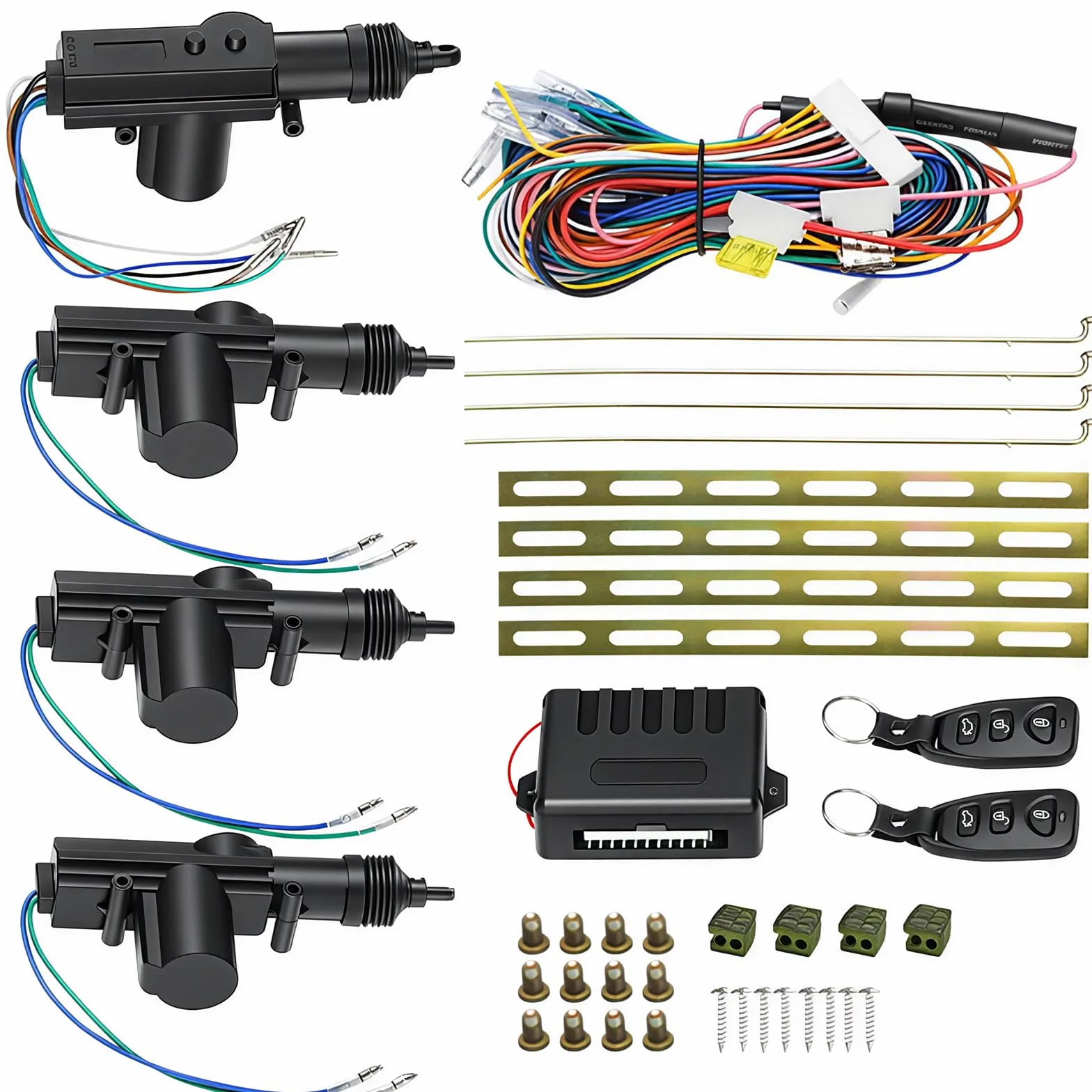 Cierre Centralizado Universal Coche 12V Kit con 2 Mandos de Garaje Universales (50-80M), 4 Actuadores de Cerradura de Puertas, Alarma Para Coche y BotóN de LiberacióN de Equipaje, Acceso Sin Llaves