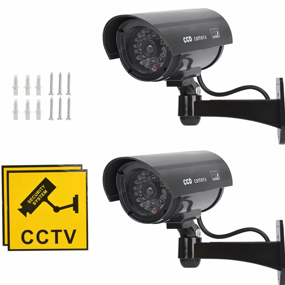 2Pcs Cámara de Vigilancia Simulada CCTV Cámara Ficticia con Soporte de Pared Camaras Falsas de Seguridad,Cámara Dummy con Led Rojo Parpadeante Impermeable Negro,con Pegatinas de Advertencia Tornillos