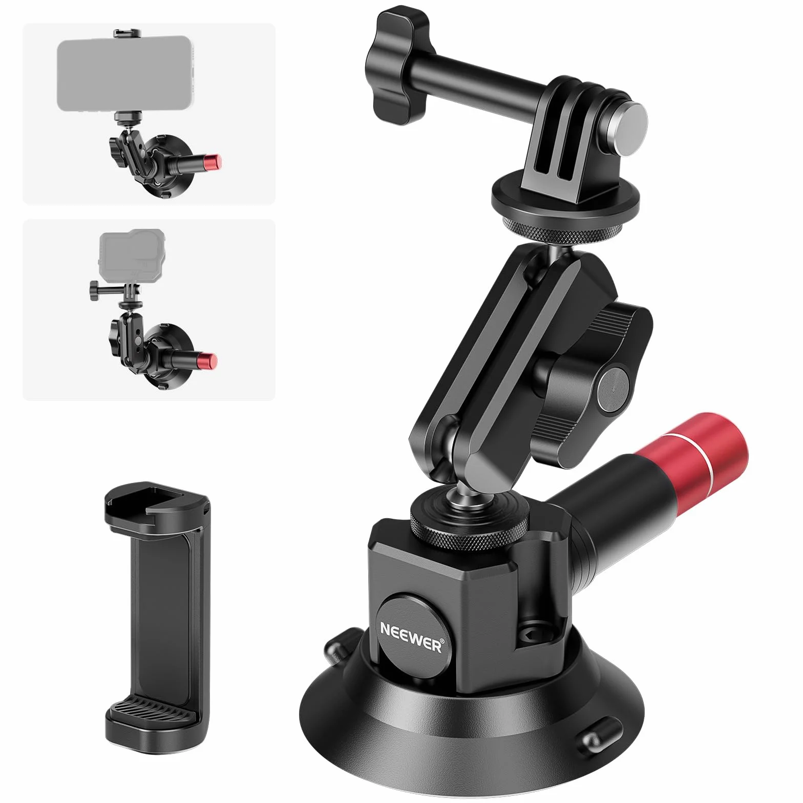 NEEWER Soporte de cámara con ventosa de 3 pulgadas con brazo mágico de cabeza esférica, agujeros ARRI de 1/4 pulgadas, soporte de coche de liberación rápida con soporte y adaptador de cámara de acción