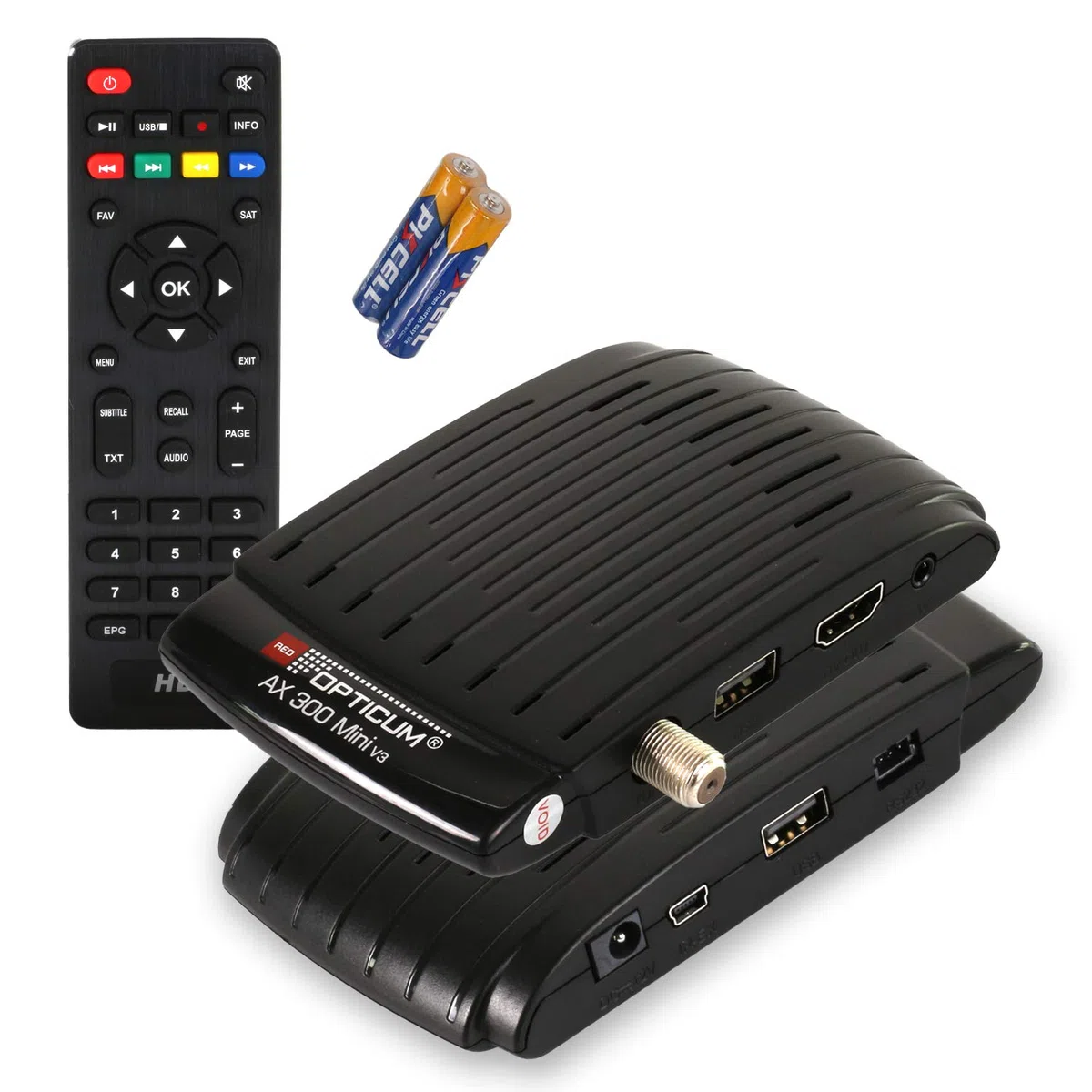 Red Opticum AX 300 Mini V3 con función de grabación PVR - Receptor de satélite Digital HD/Sensor de Infrarrojos Externo con Pantalla Full HD 1080p / Fuente de alimentación/USB/HDMI / 12V