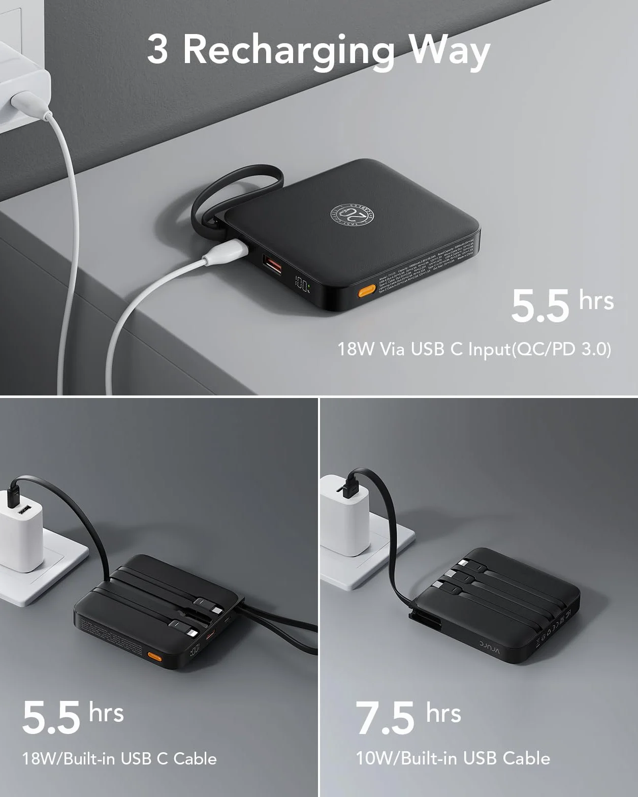 VRURC Power Bank 20000mAh, Power Bank con Cables Integrados, Batería de Carga Rápida USB C de 22,5 W, Pantalla LED para iPhone 15 14 iPad Samsung Galaxy S23 Google Android Phone - Negro