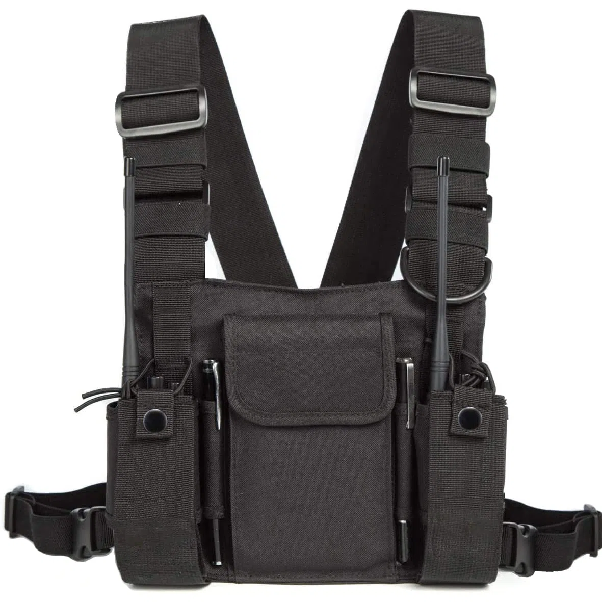 Walkie Talkie Mochila con Bolsillo en el Pecho, Mochila walkie Bolsa de Transporte para radios de Dos vías, Soporte para Rescate Essentials Chaleco Rig Pouch Negro