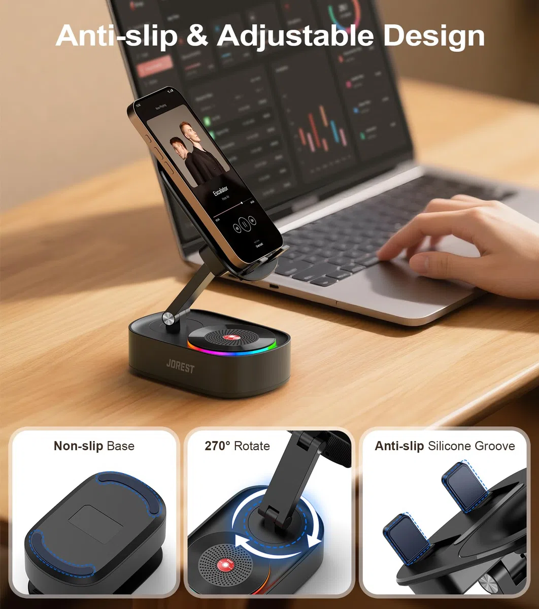 Jorest Altavoz Bluetooth con Soporte Movil, Altavoces Inalámbricos Inducción con Suporte Telemovel, Compatible con iPhone iPad Tablet,Regalo Hombre Cumpleaños,Regalos Mujer/Profesora/Niña/Niño