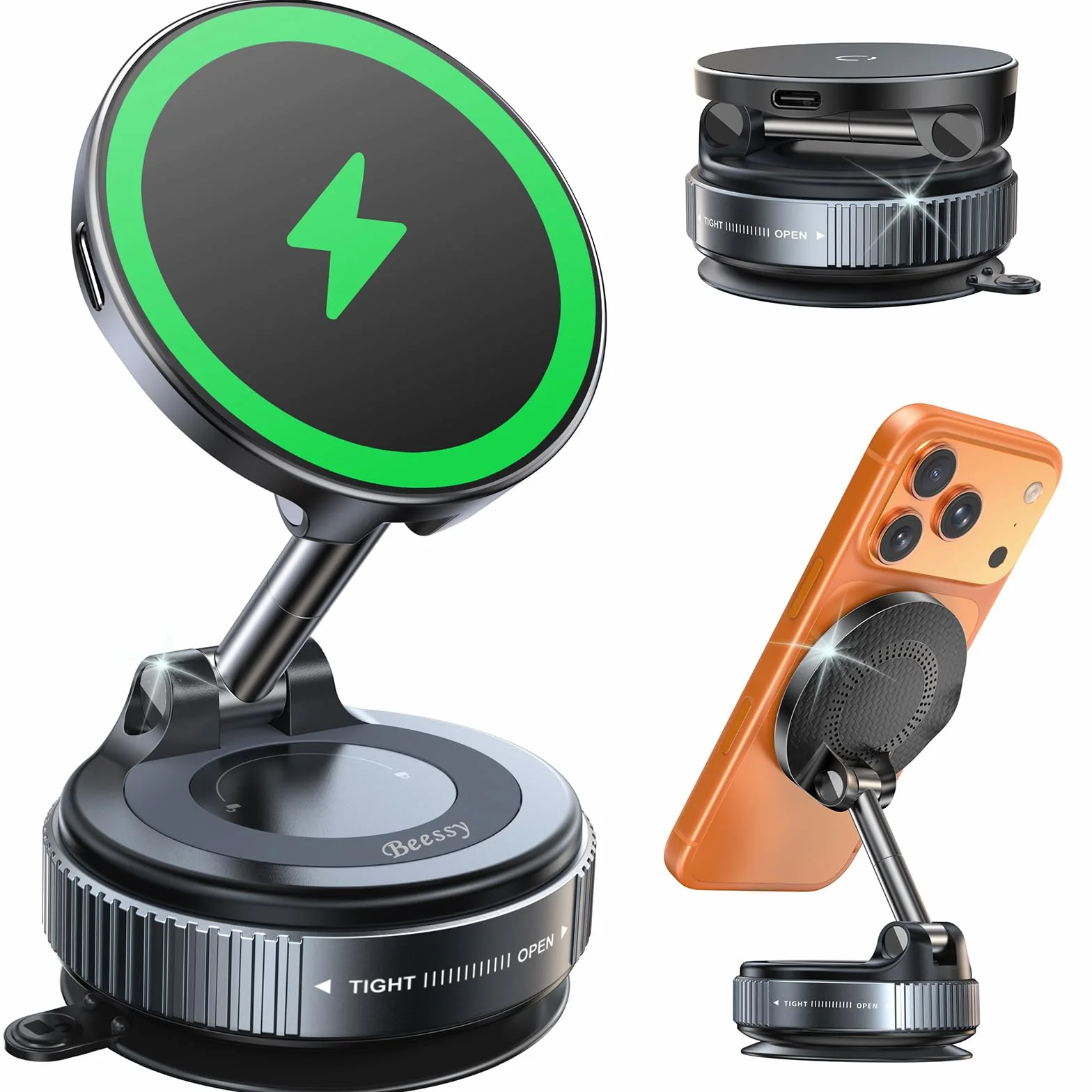 Beeasy Cargador Inalambrico Coche para Magsafe 15W, Magnetico Soporte Móvil Coche con Ventosa de Vacío, 360° Rotación Salpicadero Soporte Telefono para iPhone 17/16/15/14/13/12 Pro MAX, Negro