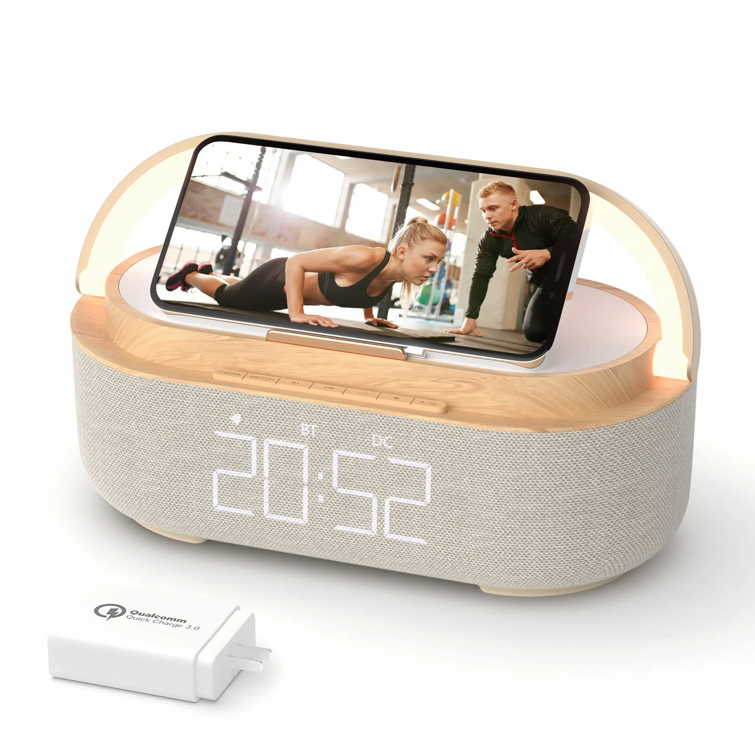 COLSUR Radio Despertador Digital con Carga Inalambrica, FM Radio con Puerto de carca USB, Pantalla LED Ajustable, Luz Nocturna, Bluetooth, Alarma de Temporizador de Apagado y Soporte para Teléfono