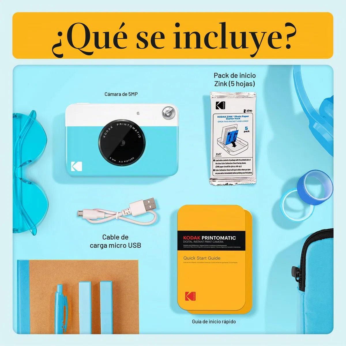 KODAK Printomatic Cámara digital instantánea - Fotos de calidad en papel fotográfico adhesivo Zink 2x3" - 5MP, portátil, regalo creativo para cumpleaños, Navidad, fiestas - Azul