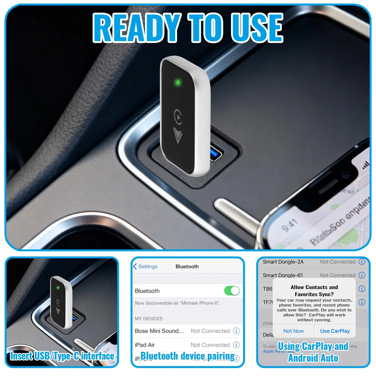 Adaptador CarPlay Inalámbrico 2 en 1, Mini CarPlay Inalámbrico 2 en 1 para Apple CarPlay/Android Auto Plug and Play, Bluetooth y WiFi, Conexión Automática, para iPhone iOS 10+ y Android 11+