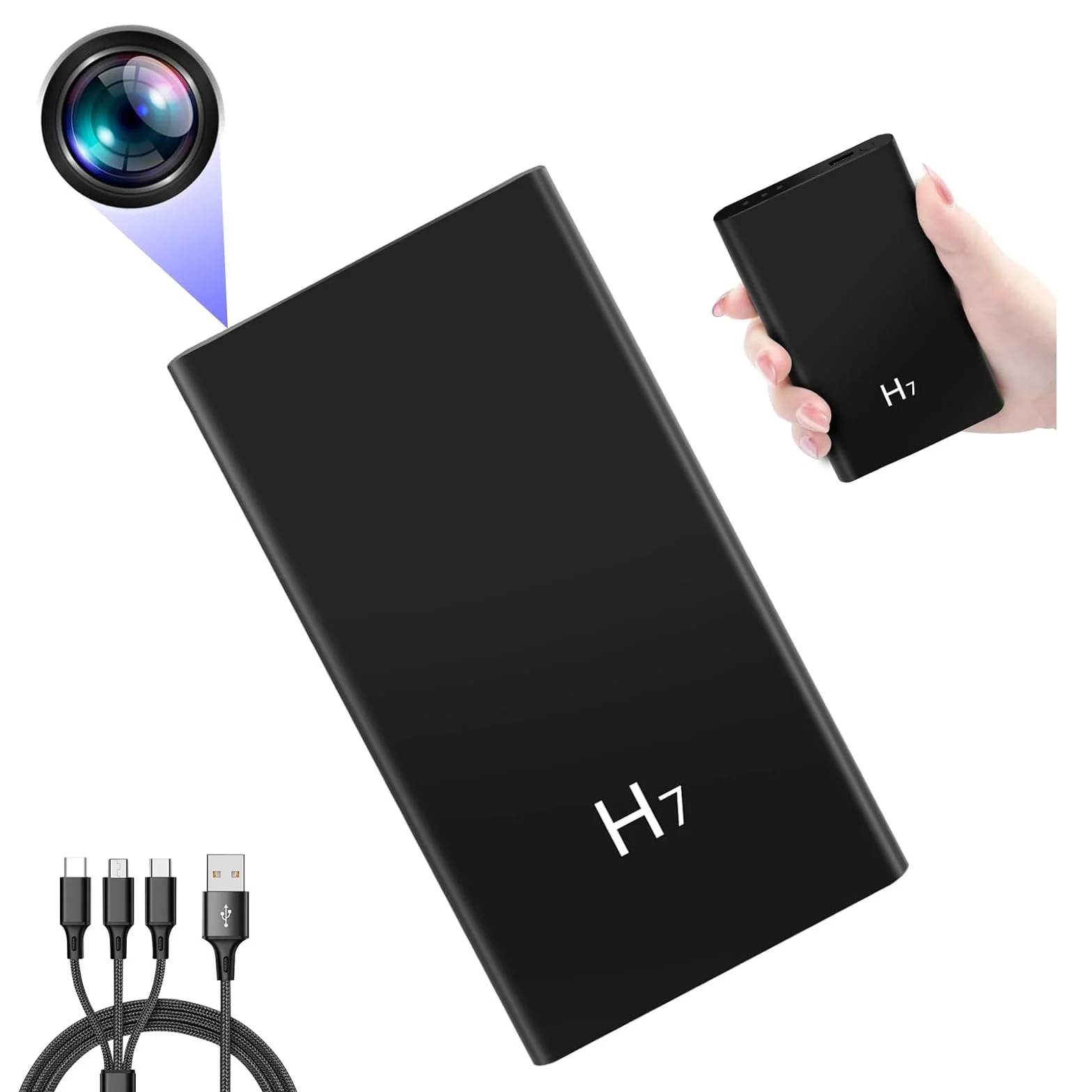 Cámara Oculta Powerbank Mini Cámara Espía HD 1080P, 5000mAh Power Bank Espía Cámara Oculta Apoyo Tomar Foto/Vídeo, Visión Nocturna y Grabación en Bucle, Incluye 3 en 1 Cable USB