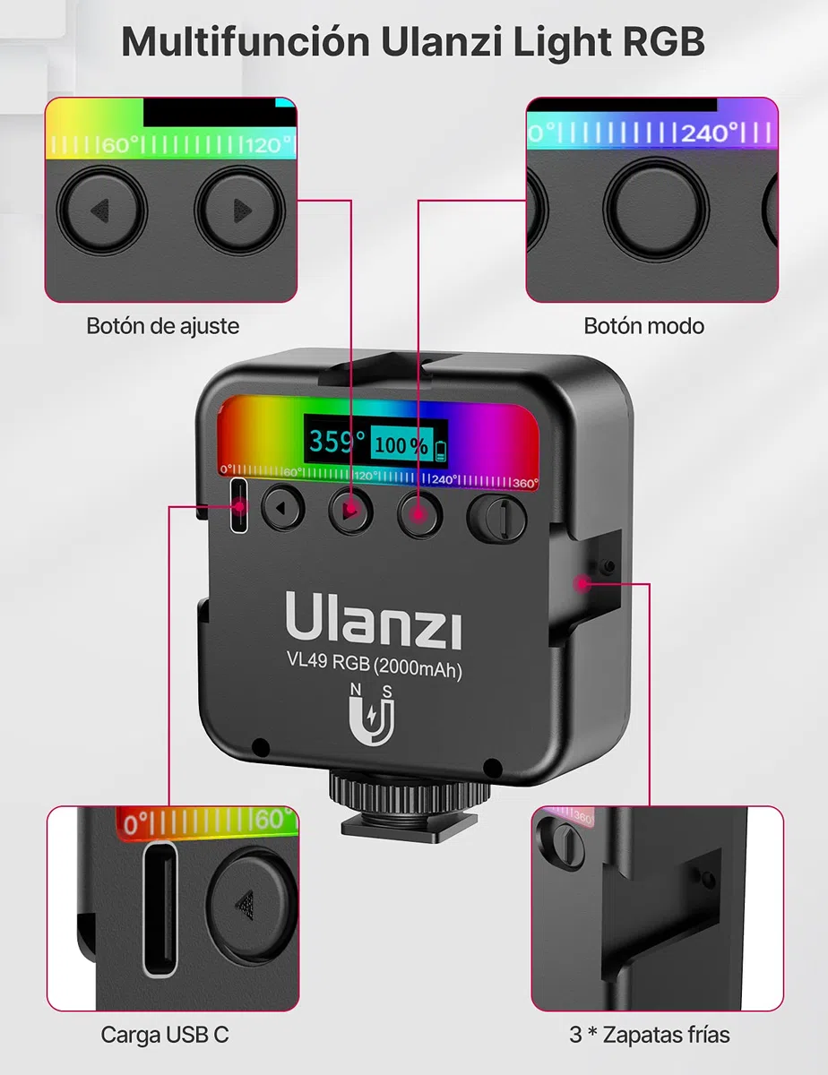 Luz de Relleno Led para Vídeo, Fotografia, ULANZI VL49 RGB, Ajustable 2500-9500K, 2000 mAh Incorporada Batería, Lámpara Iluminación Continua para DSRL Cámara