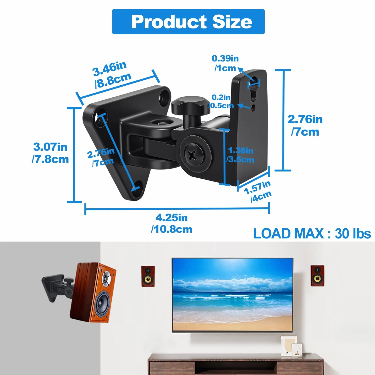 Soporte de Pared para Altavoces, Giratorio e inclinable, Soporte de Pared Totalmente de Aluminio para Altavoces pequeños, soporta hasta 30 Libras, HD-818, 2 Unidades (Negro)
