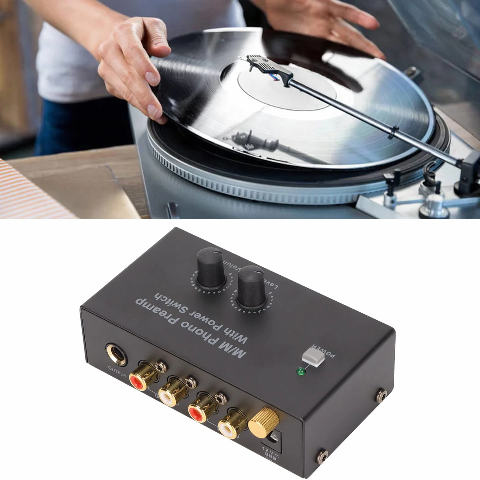Preamplificador de Tocadiscos PP500P Phono, Mini Preamplificador de Fonógrafo Estéreo de Audio Electrónico de Doble Ganancia, Amplificador de Auriculares de Metal DC 12V