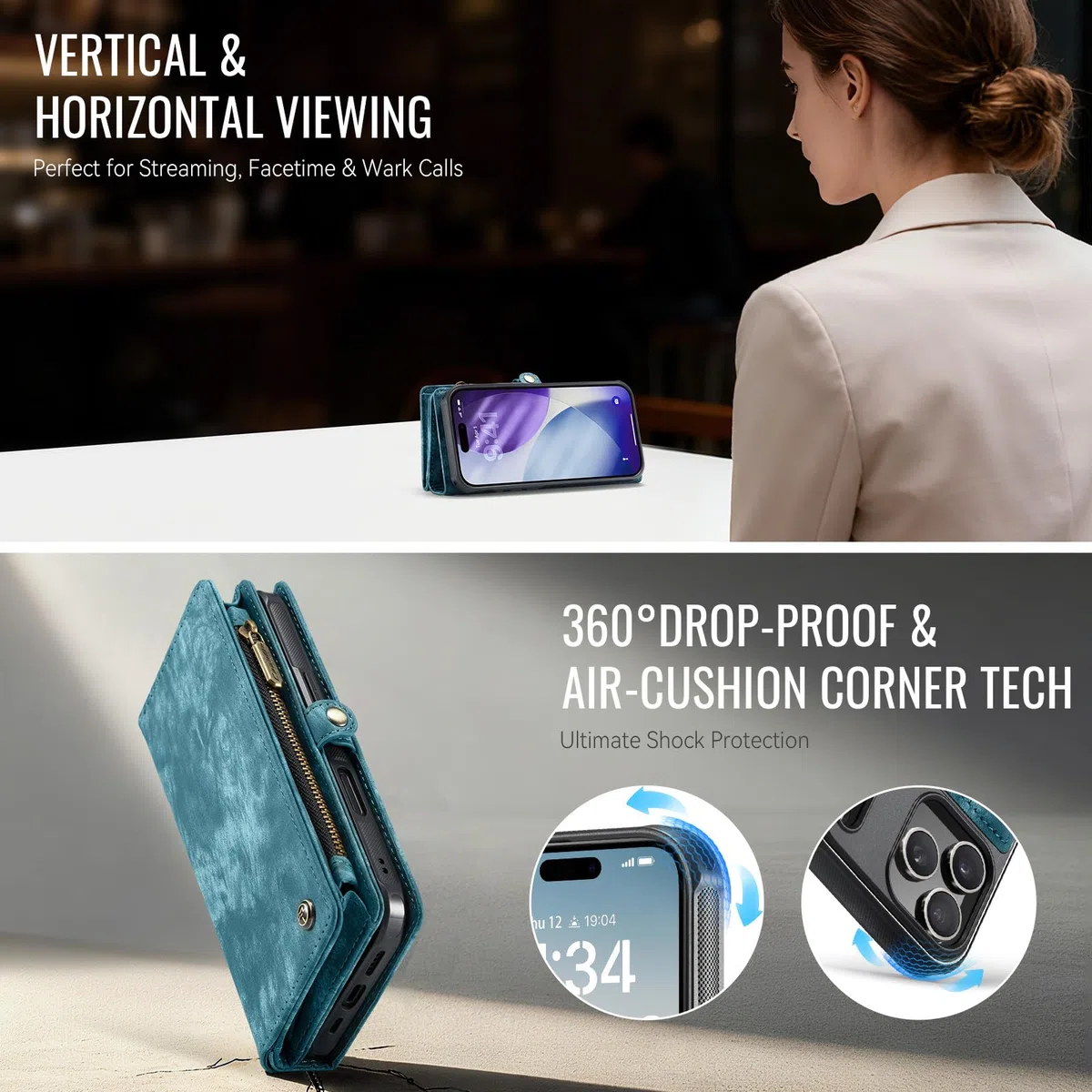 Funda Cartera Magnética Desmontable de Piel para iPhone 17 Pro MAX - Antigolpes y Multifunción con Soporte, Ranuras para Tarjetas, Carga Inalámbrica y Correa Extraíble, Azul