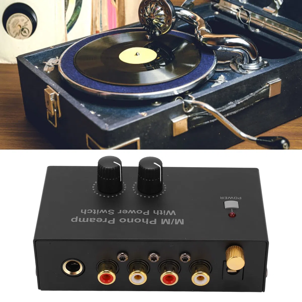 VGEBY Preamplificador de Fono, Preamplificador de Control de Volumen de Tocadiscos de Nivel de Salida de Entrada RCA con Interruptor para Equipo de Audio Altavoz