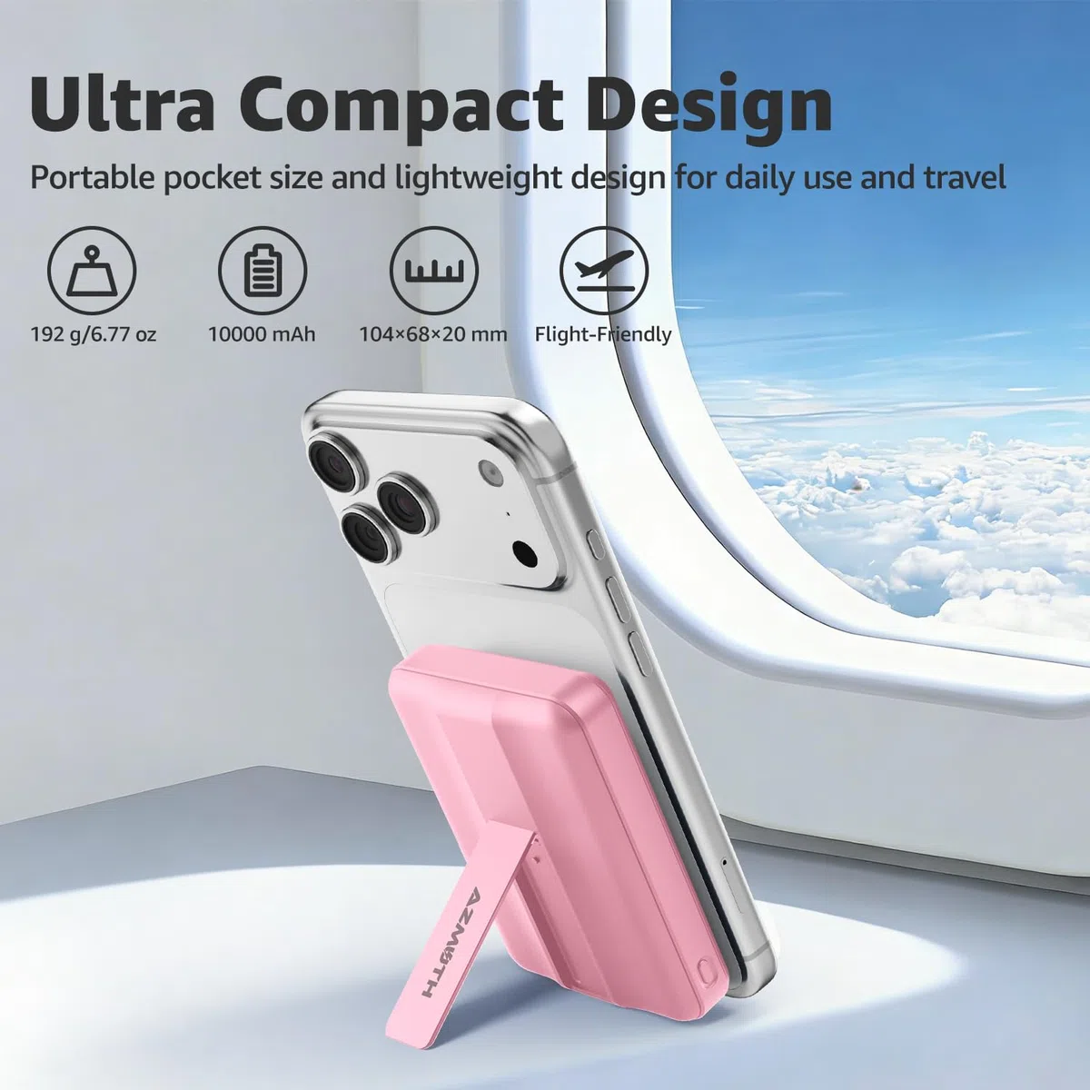 Azmuth para Magsafe Power Bank, 10000mAh Magnético Bateria Externa Carga Rapida 15W,Powerbank con Soporte Plegable Pantalla LED USB-C 20W y USB-A 22.5W para iPhone 17/16/15/14/13/12 Serie Rosado