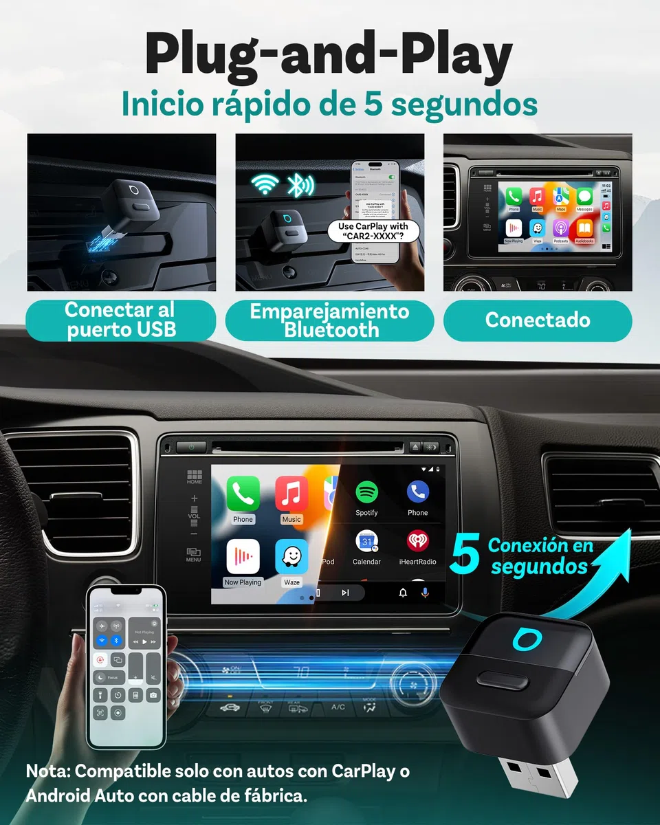 OTTOCAST Mini Pico 2026 Adaptador Inalámbrico CarPlay & Android Auto, WiFi 6 & Bluetooth 5.4, Mini Dongle USB Plug & Play, De CarPlay/Android Auto con Cable a Wireless, OTA Upgrade