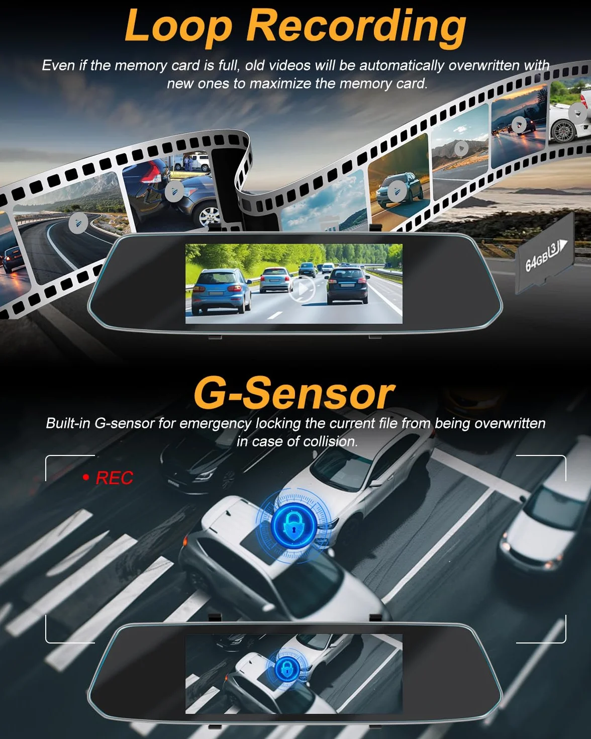 NHOPEEW 7 pulgadas Espejo Dash Cam con Vista Delantera y Trasera Cámaras Duales - Sensor de Gravedad/Visión Nocturna/Grabación en Bucle/Detección de Movimiento/Monitor de Aparcamiento + 64G Tarjeta SD