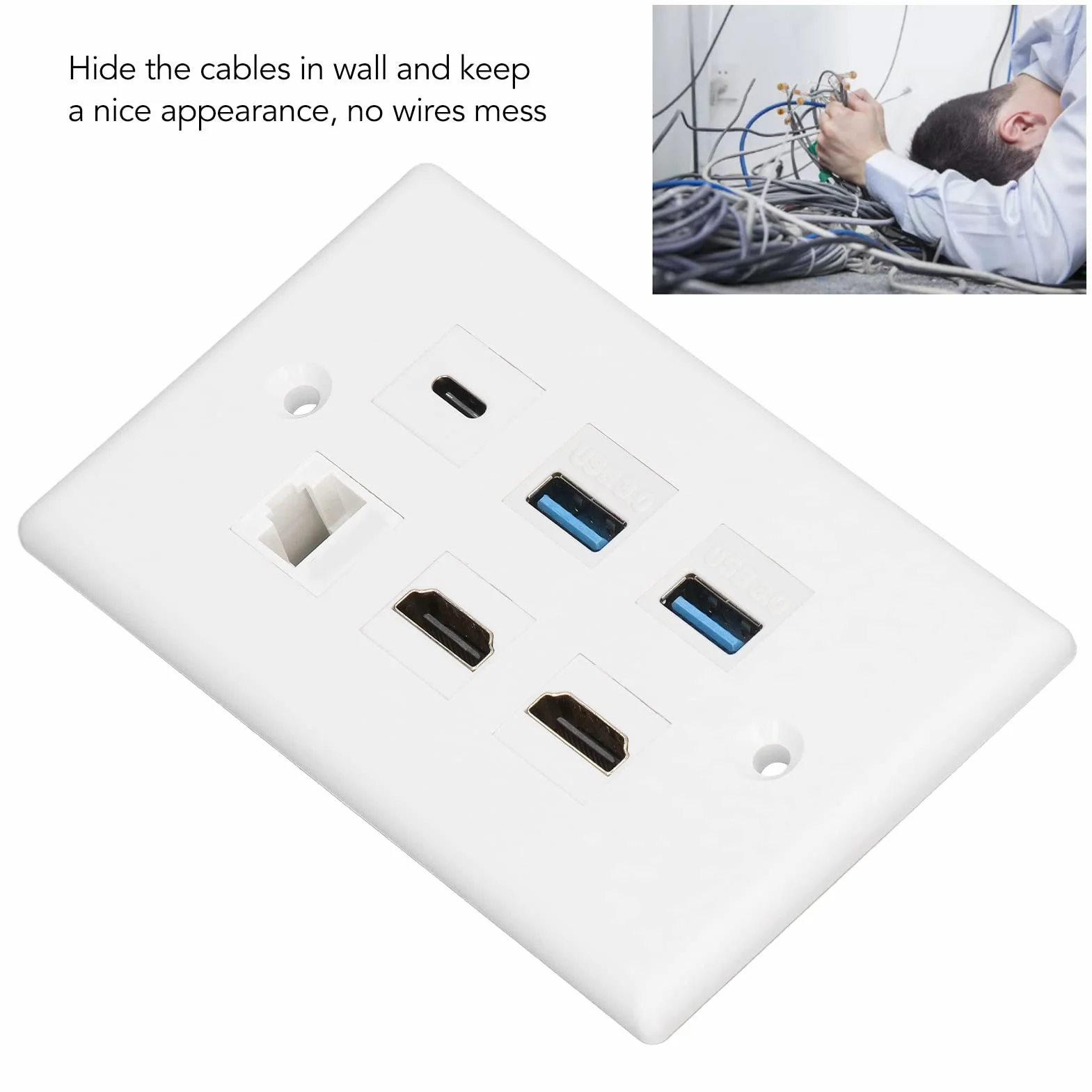Placa de Pared Ethernet de 6 Puertos, 2 Conectores HDMI, 2 USB 3.0, 1 Tipo C, 1 Conector Ethernet Cat6 RJ45, Placas de Pared Compatibles con Cables Cat 5, Cat 5e, Cat 6 para TV,
