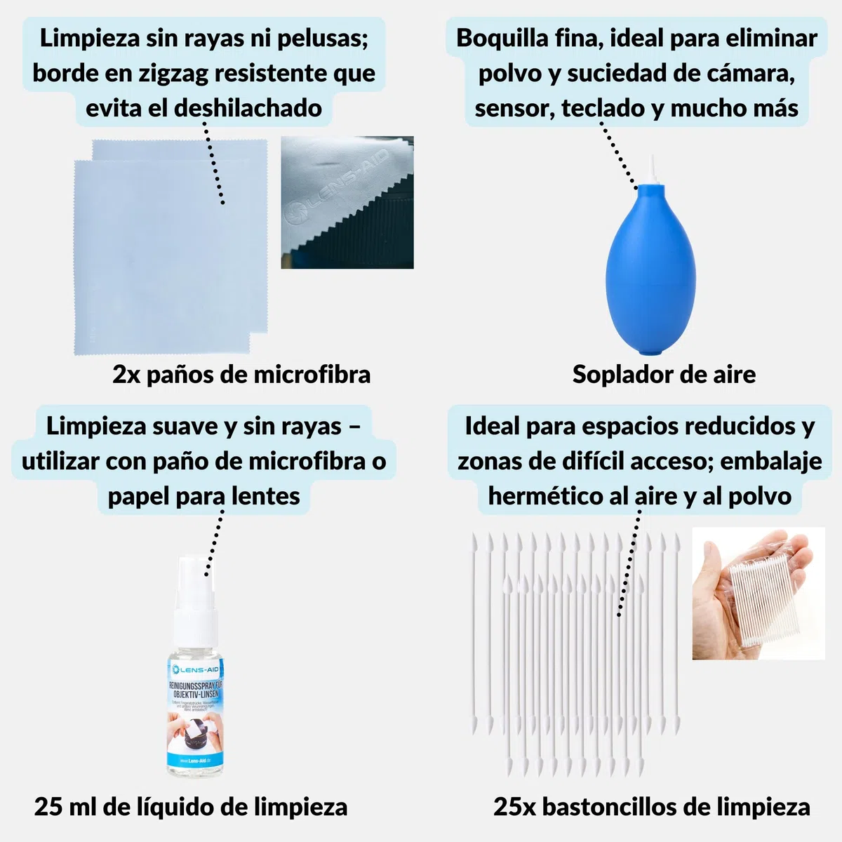 Lens-Aid Kit Limpieza cámara 8 en 1 – Set con Fuelle, Cepillo, lápiz, paños, líquido y más – Ideal para Objetivos, sensores, filtros y Pantallas – Regalo para fotógrafos