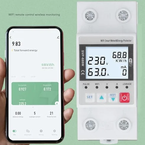 Protector de Sobretensión y Subtensión WiFi, 230V 50Hz 60Hz, Control Remoto, 63A, Voltaje Ajustable, Estabilizador