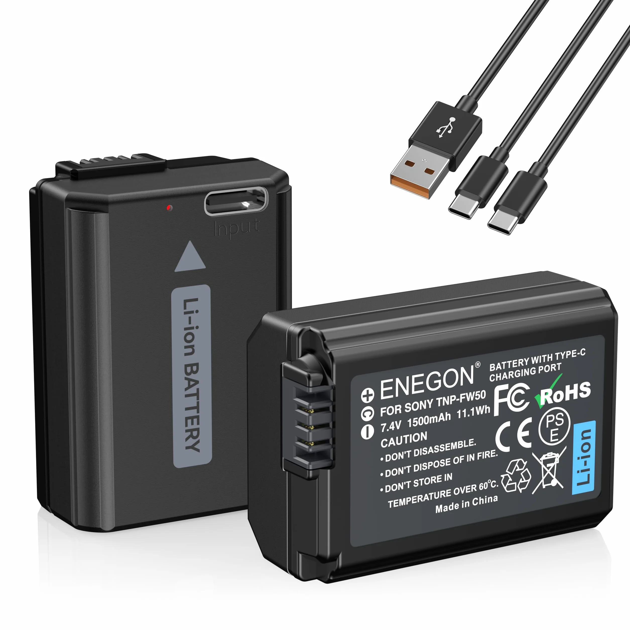 ENEGON NP-FW50 Tipo C Puerto de Carga Baterías (2x1500mAh) para Sony ZV-E10, A6000, A6500, A6300, A6400, A7, A7II, A7RII, A7SII, A7S, A7S2, A7R, A7R2, A55, A5100, A5000, A3000, A55, RX10