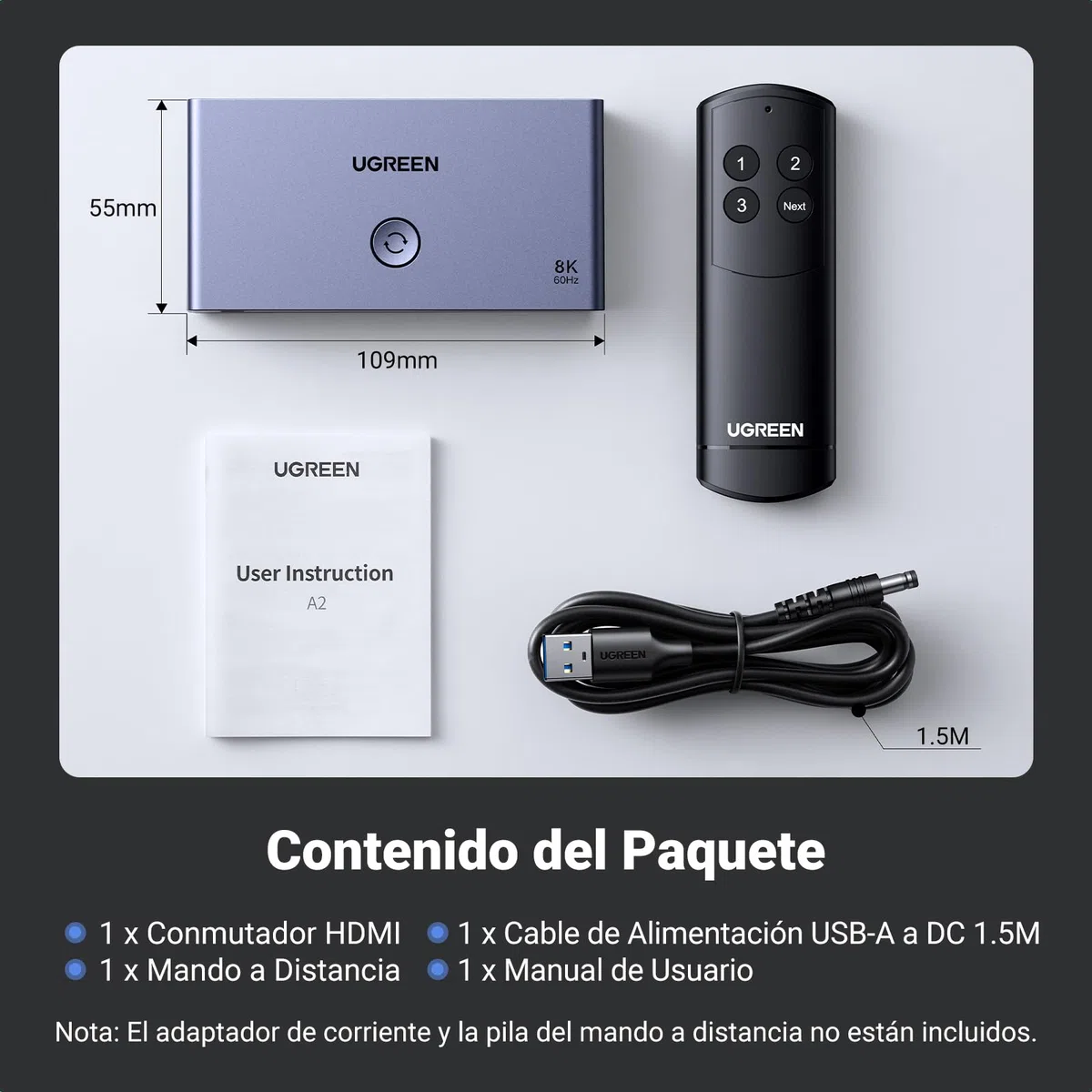 UGREEN Switch HDMI 2.1 8K 60Hz 4K 120Hz Switcher 3 Entradas a 1 Salida 1080P Dolby Vision Atmos HDR 3D Alta Velocidad 48Gbps Compatible con PC PS5 PS4 Xbox One 360 ​​DVD TV Box Proyector