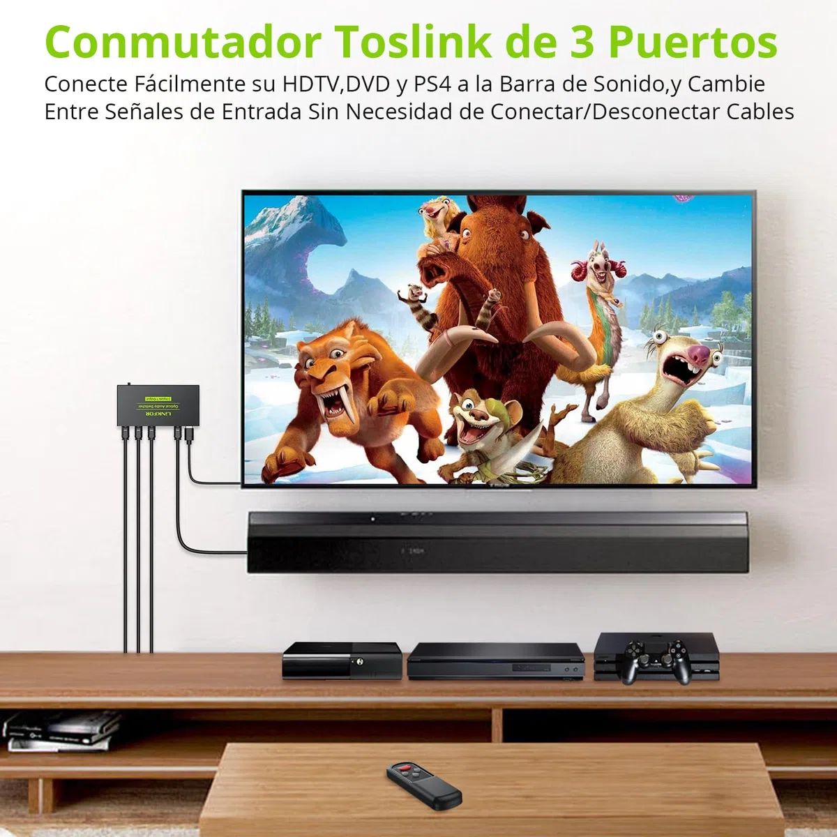 Conmutador Audio Digital 3 Entradas 1 Salida Switch Óptico Toslink Comutador SPDIF con Mando Soporte LPCM2.0 DTS Dolby-AC3 para PS3 VHS Blue-Ray DVD HDTV Barra de Sonido Amplificadores
