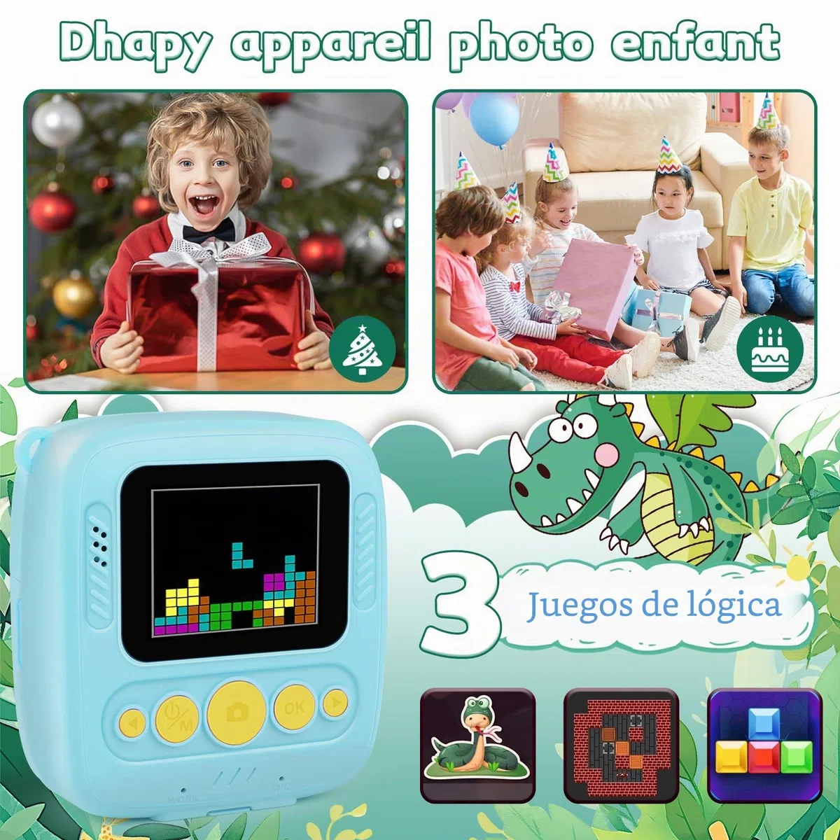 Dhapy Camara Fotos Infantil Instantanea, Cámara De Fotos Infantil De 48 MP con Papel De Impresión Y Tarjeta TF De 32 GB, Camara Fotos Instantaneas 1080P, Regalo Niños Y Niñas De 3 4 5 6 7 8 Años Azul