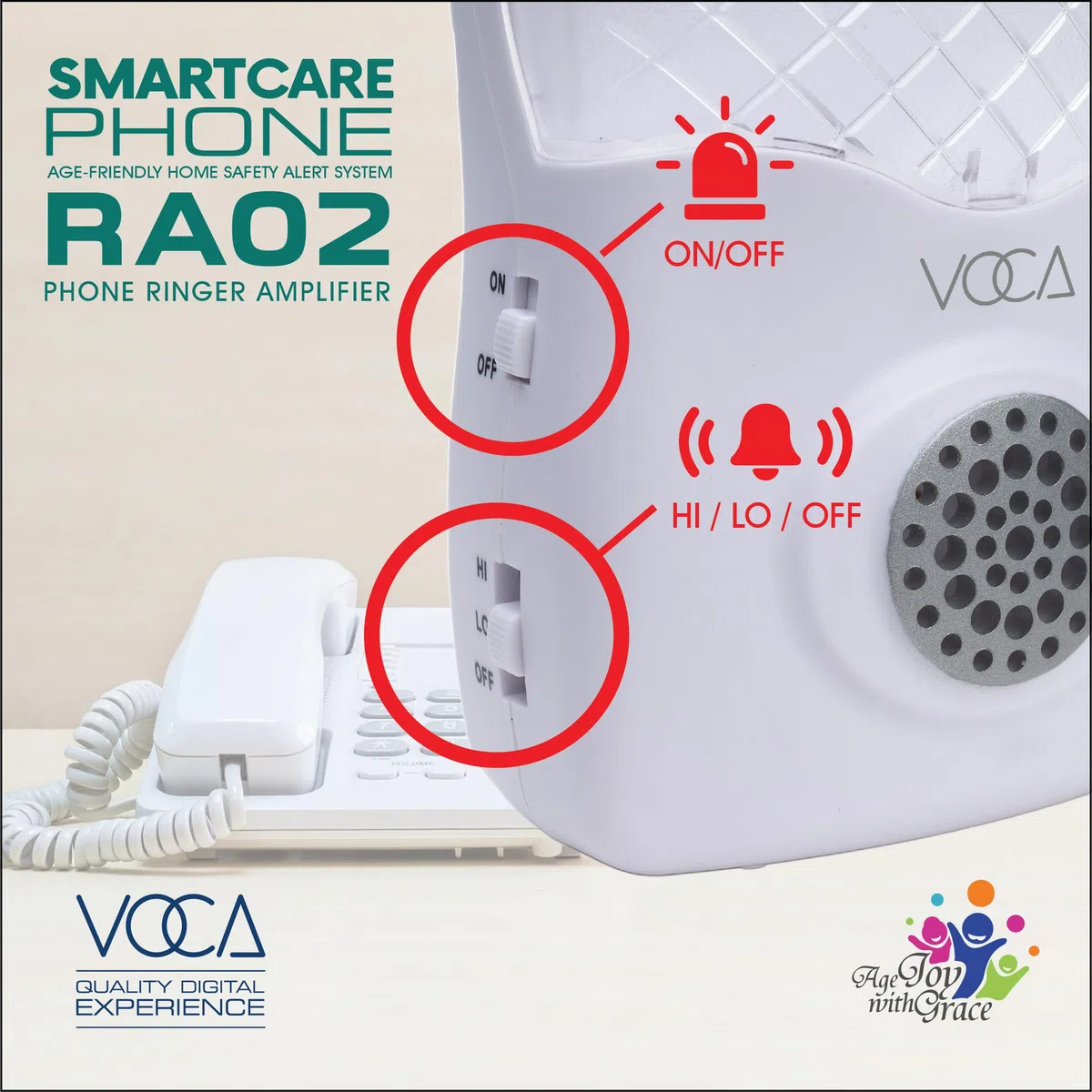 Amplificador de timbre telefónico VOCA: Aumenta hasta 120 dB con potente luz LED estroboscópica de notificación para teléfonos fijos. Se puede montar en la pared. Ideal para entornos ruidosos y con di