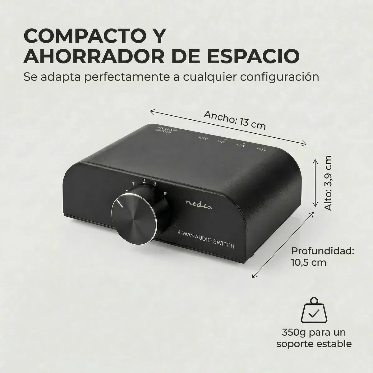 Nedis Interruptor de Audio analógico, Puerto de 4 Puertos, Conexiones, Entrada: 1 Entrada de Audio de 3,5 mm / 3 x (2 Conectores RCA Hembra), Conexiones, Salida: 1 x (2 Conectores RCA) | Manual |