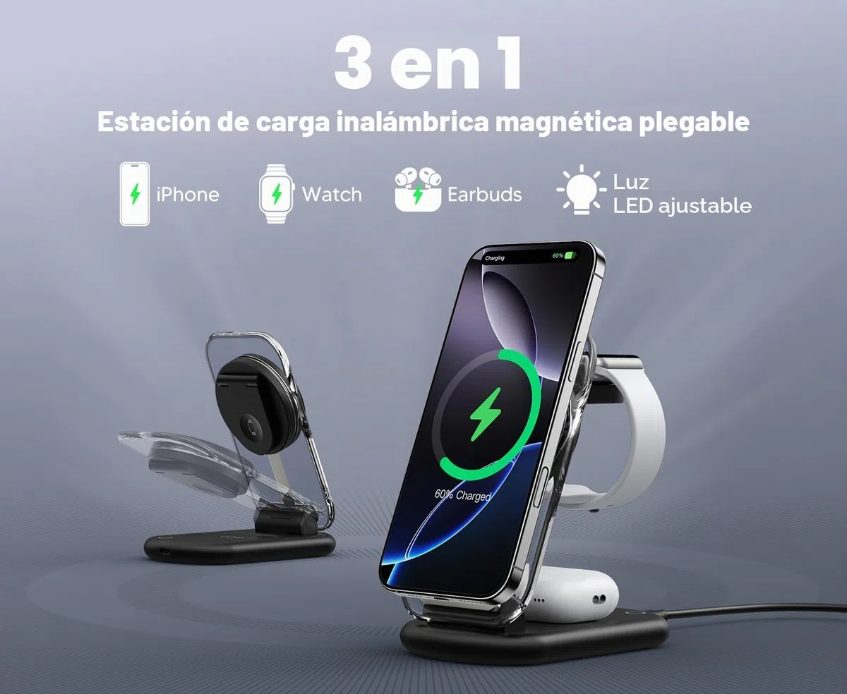Estación de Carga inductiva, estación de Carga MagSafe 3 en 1 Compatible con iPhone 17 16 15 14 13 12 Pro MAX/Air/Plus/Pro, para Apple Watch 10/9, AirPods 3/2/Pro, Plegable, Negro carbón
