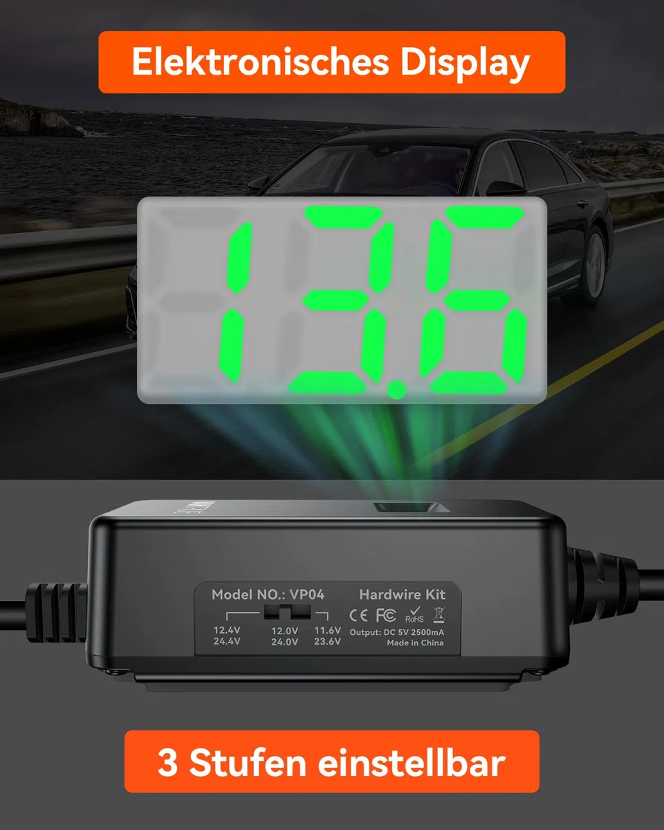 VANTRUE USB C Pantalla OBD cableado con 3 Niveles para Todas Las cámaras Vantrue, protección de bajo Voltaje 11.6V/12V/12.4V, 23.6V/24V/24.4V, monitoreo de estacionamiento Las 24 Horas, 3 Metros