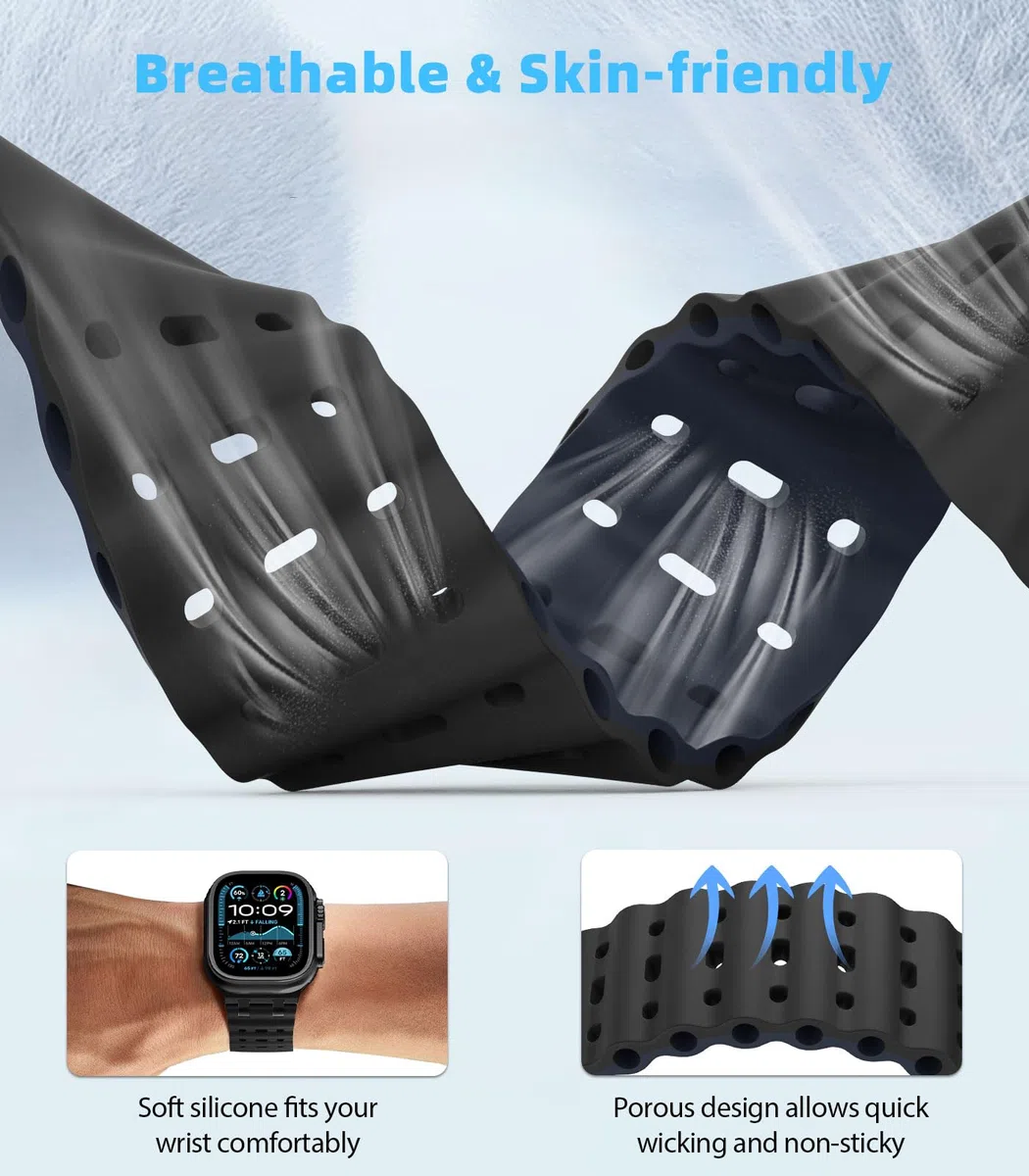 MoKo Correa Ocean Compatible con Apple Watch Ultra 3/2/1 49 mm, S11/S10 46 mm, 9/8/7 45 mm, SE3/SE2/SE/6/5/4 44 mm, 3/2/1 42 mm, Correa Deportiva de Silicona Transpirable, Negro/Negro&Azul Marino