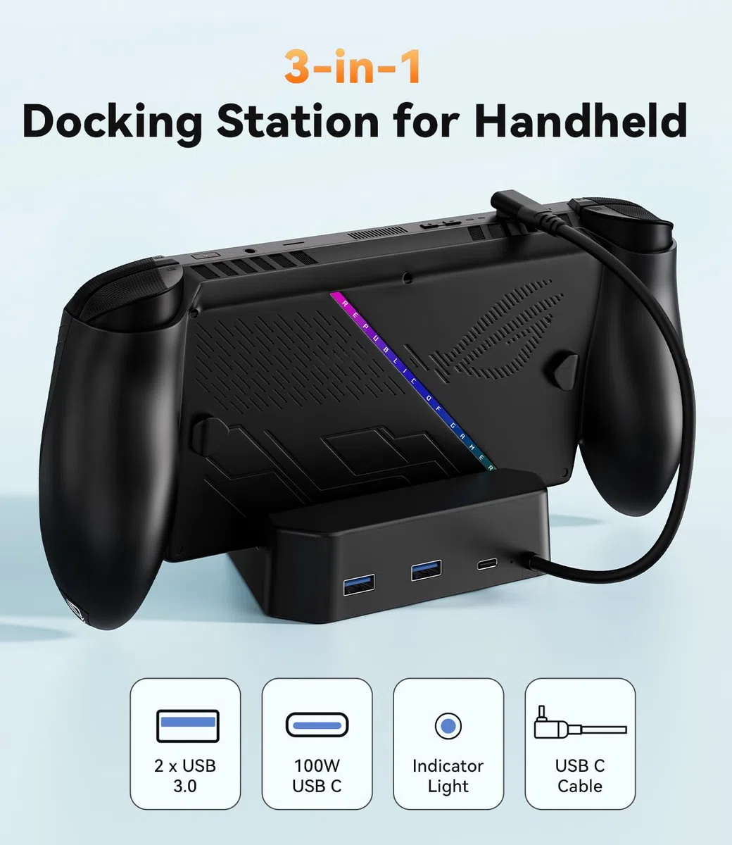 SiWiQU 3-en-1 Estación de Carga 100 W Compatibile con ROG para Xbox Ally / Ally X (2025) Solo, No Proyecta, Portátil Cargador Dock con 100 W Carga Entrada / 2 puertos USB 3.0 / Cable USB C integrado