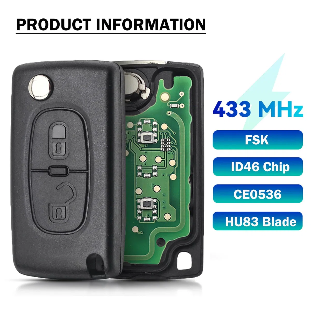 FSK Llave Remota del Coche, 2 Botones Mandos a Distancia 433 MHz ID46(PCF7961) Programable Chip para Peugeot 207 307 308 407 807 3008 5008 Expert Citroën C2 C3 C4 C5 C6-CE0536 Hoja HU83